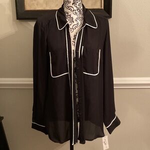 Black Sheer Button-Up Blouse with White Trim